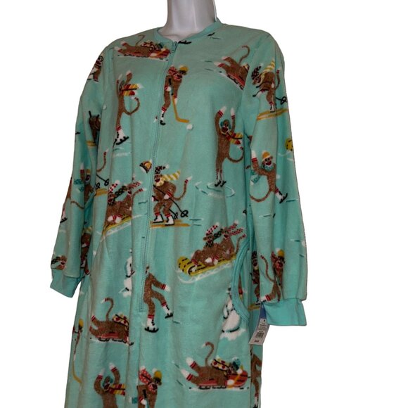 NWT Nick & Nora Pajamas Womens M Monkey Soft Fleece Unionsuit One Piece Green - Picture 6 of 11